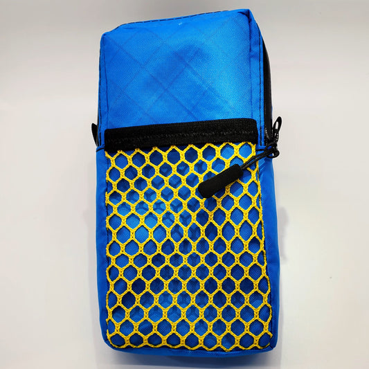 Bright blue hiking shoulder pouch with yellow mesh